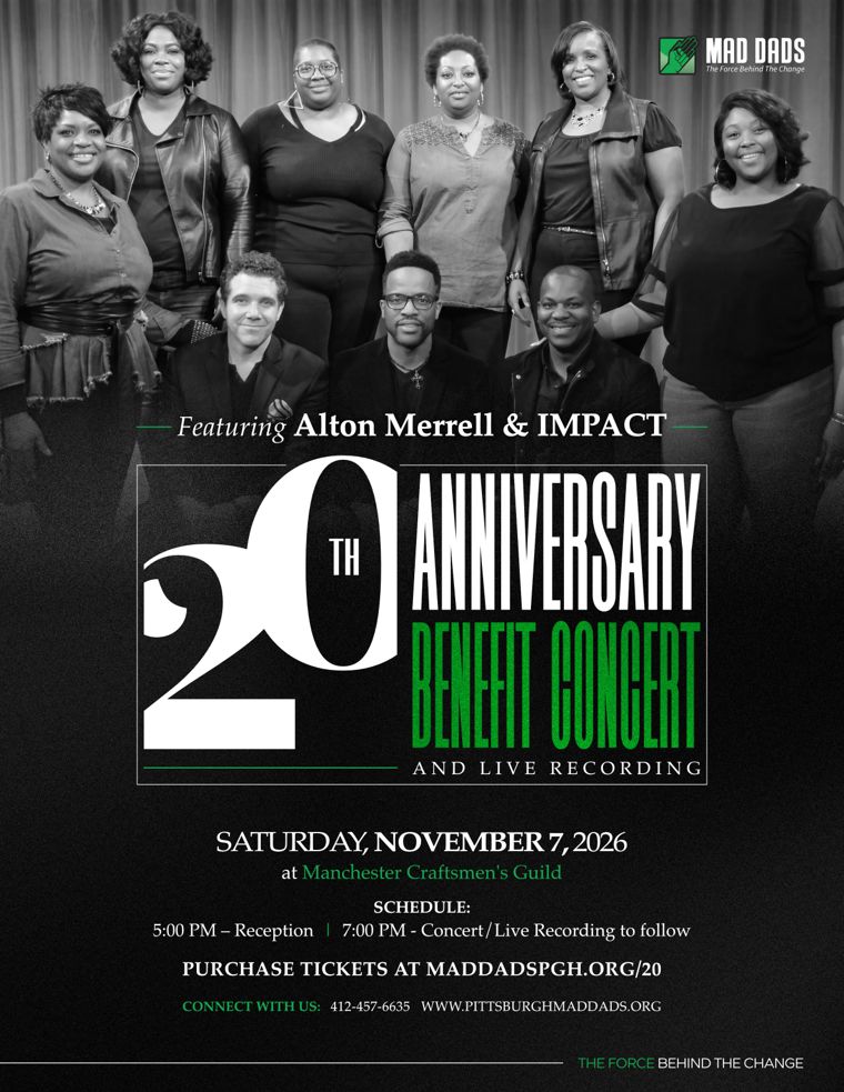 Official poster for the MAD DADS 20th Anniversary Gospel Jazz Benefit Concert, showing the nine members of Dr. Alton Merrell & IMPACT